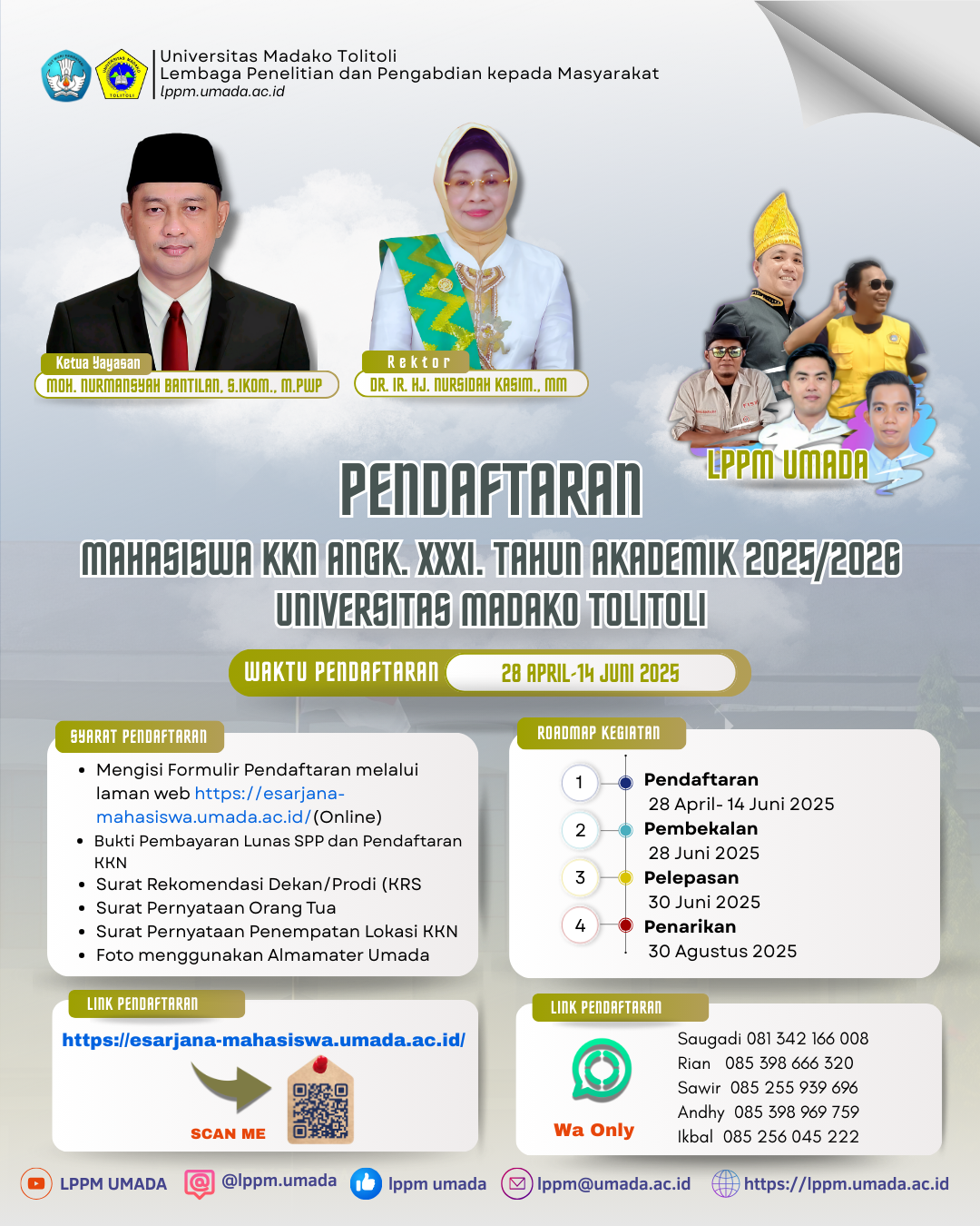 Diberitahukan kepada seluruh mahasiswa Universitas Madako Tolitoli bahwa pendaftaran Kuliah Kerja Nyata (KKN) Tahun 2025 akan dilaksanakan pada: 📅 Tanggal: 28 April s.d. 14 Juni 2025 🌐 Laman Pendaftaran: https://esarjana-mahasiswa.umada.ac.id/ Mahasiswa yang akan mengikuti KKN diwajibkan melakukan pendaftaran secara online melalui laman tersebut sesuai dengan jadwal yang telah ditentukan. Harap segera melakukan pendaftaran sebelum batas waktu berakhir. Terima kasih. Tolitoli, April 2025 Panitia KKN Universitas Madako Tolitoli